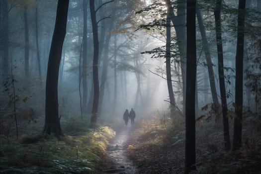 A person walks through a misty forest at dawn, with the soft, atmospheric light creating a mysterious and moody atmosphere. The quiet of the forest and the peaceful surroundings foster a sense of calm and introspection. This scene can evoke feelings of reflection, peace, and a connection to nature. (generative AI)