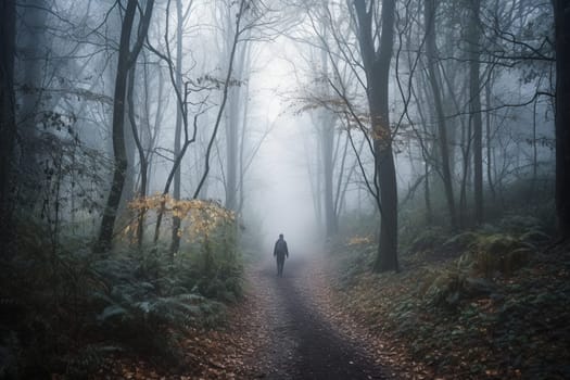 A person walks through a misty forest at dawn, with the soft, atmospheric light creating a mysterious and moody atmosphere. The quiet of the forest and the peaceful surroundings foster a sense of calm and introspection. This scene can evoke feelings of reflection, peace, and a connection to nature. (generative AI)
