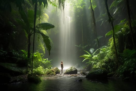 A person stands under a powerful waterfall in the middle of the jungle, surrounded by the natural beauty and wonder of the environment. The scene is invigorating and refreshing, with the natural light and wet atmosphere adding to the introspective and awe-inspiring mood. The powerful force of the waterfall helps the mind to focus and contemplate the power of nature. This scene can evoke feelings of inspiration, awe, and mental clarity. (generative AI)
