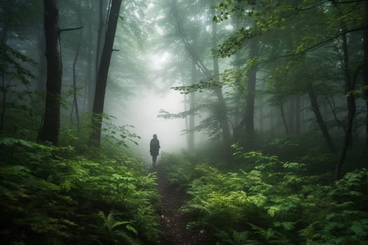 A person walks through a misty forest, surrounded by lush greenery and a mysterious atmosphere. The scene is peaceful and quiet, with the mist adding to the natural beauty of the forest. This scene can evoke feelings of calmness and introspection. (generative AI)