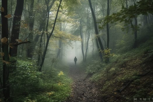 A person walks through a misty forest, surrounded by lush greenery and a mysterious atmosphere. The scene is peaceful and quiet, with the mist adding to the natural beauty of the forest. This scene can evoke feelings of calmness and introspection. (generative AI)