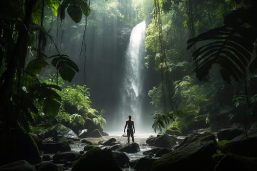 A person stands under a powerful waterfall in the middle of the jungle, surrounded by the natural beauty and wonder of the environment. The scene is invigorating and refreshing, with the natural light and wet atmosphere adding to the introspective and awe-inspiring mood. The powerful force of the waterfall helps the mind to focus and contemplate the power of nature. This scene can evoke feelings of inspiration, awe, and mental clarity. (generative AI)