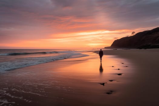 A person walks contemplatively on a secluded beach, surrounded by the warm light of the sunset and the calming sounds of the waves. The scene is peaceful and serene, with the orange hour light creating a contemplative mood. The sight of the sea and the sound of the waves helps the mind to focus, reflect, and achieve inner peace. This scene can evoke feelings of calmness, serenity, and inner harmony. (generative AI)