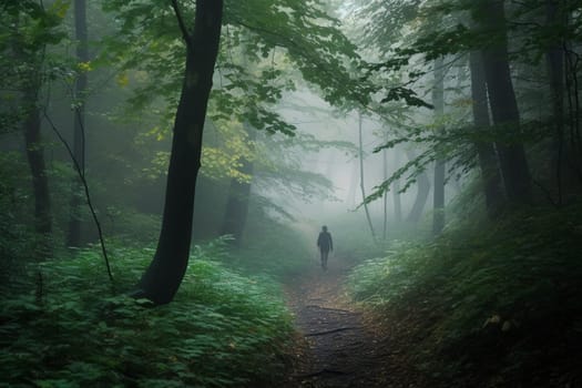 A person walks through a misty forest, surrounded by lush greenery and a mysterious atmosphere. The scene is peaceful and quiet, with the mist adding to the natural beauty of the forest. This scene can evoke feelings of calmness and introspection. (generative AI)