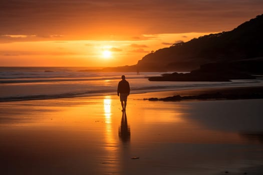 A person walks contemplatively on a secluded beach, surrounded by the warm light of the sunset and the calming sounds of the waves. The scene is peaceful and serene, with the orange hour light creating a contemplative mood. The sight of the sea and the sound of the waves helps the mind to focus, reflect, and achieve inner peace. This scene can evoke feelings of calmness, serenity, and inner harmony. (generative AI)