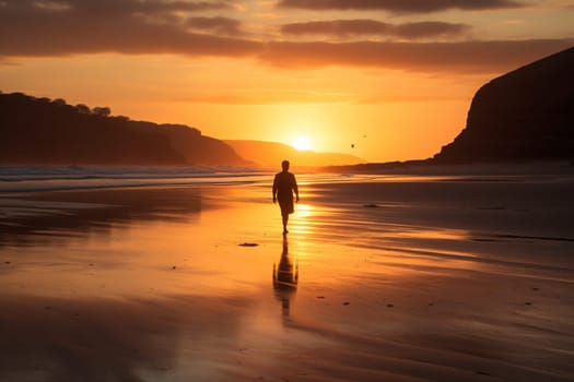 A person walks contemplatively on a secluded beach, surrounded by the warm light of the sunset and the calming sounds of the waves. The scene is peaceful and serene, with the orange hour light creating a contemplative mood. The sight of the sea and the sound of the waves helps the mind to focus, reflect, and achieve inner peace. This scene can evoke feelings of calmness, serenity, and inner harmony. (generative AI)