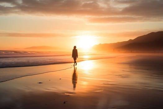 A person walks along the beach, their feet sinking into the soft sand as the warm, colorful light of sunrise fills the scene. The natural and joyful setting creates a relaxing atmosphere that feels dreamy and beautiful, transporting the viewer to a peaceful state of mind. (generative AI)