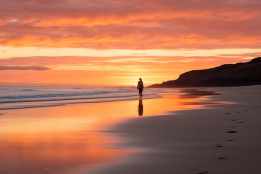 A person walks contemplatively on a secluded beach, surrounded by the warm light of the sunset and the calming sounds of the waves. The scene is peaceful and serene, with the orange hour light creating a contemplative mood. The sight of the sea and the sound of the waves helps the mind to focus, reflect, and achieve inner peace. This scene can evoke feelings of calmness, serenity, and inner harmony. (generative AI)