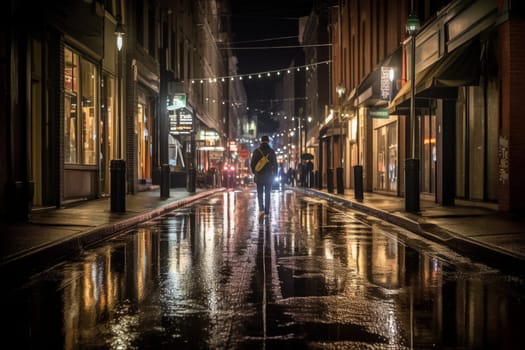 In the middle of a bustling city street at night, a person walks alone, looking up at the bright and colorful lights all around them. The scene is dramatic and energetic, with the sound of cars passing by and people rushing about. This setting can evoke feelings of excitement, reflection, and the energy of city life. (generative AI)