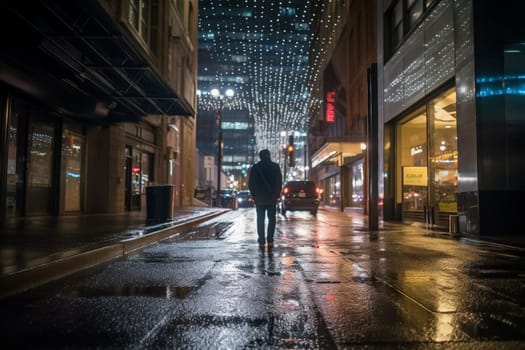 In the middle of a bustling city street at night, a person walks alone, looking up at the bright and colorful lights all around them. The scene is dramatic and energetic, with the sound of cars passing by and people rushing about. This setting can evoke feelings of excitement, reflection, and the energy of city life. (generative AI)