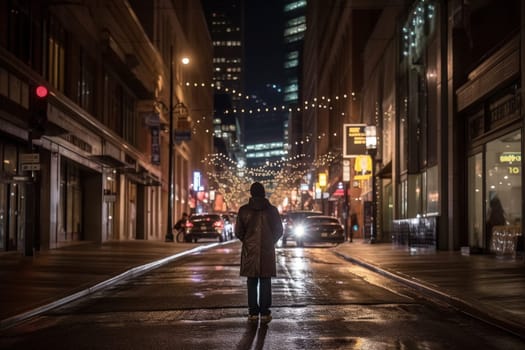 In the middle of a bustling city street at night, a person walks alone, looking up at the bright and colorful lights all around them. The scene is dramatic and energetic, with the sound of cars passing by and people rushing about. This setting can evoke feelings of excitement, reflection, and the energy of city life. (generative AI)