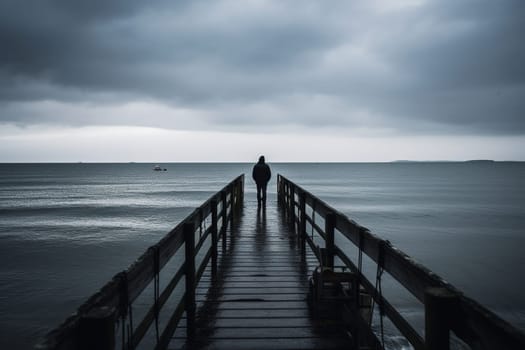 A person stands alone on a pier, looking out at the vast and timeless expanse of the sea. The moody and atmospheric light creates a contemplative and introspective atmosphere, perfect for peaceful contemplation and stillness. (generative AI)