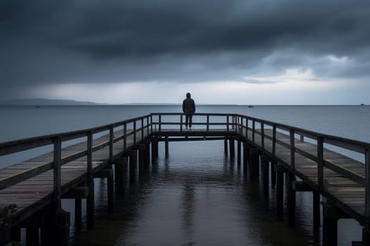 A person stands alone on a pier, looking out at the vast and timeless expanse of the sea. The moody and atmospheric light creates a contemplative and introspective atmosphere, perfect for peaceful contemplation and stillness. (generative AI)