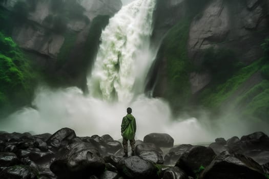A person stands at the base of a powerful waterfall, feeling the strength and force of the cascading water. The scene is natural and awe-inspiring, with the deafening roar of the waterfall adding to the breathtaking atmosphere. This scene can evoke feelings of wonder, awe, and appreciation for the beauty and power of the natural world. (generative AI)