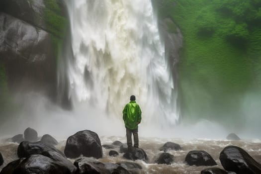 A person stands at the base of a powerful waterfall, feeling the strength and force of the cascading water. The scene is natural and awe-inspiring, with the deafening roar of the waterfall adding to the breathtaking atmosphere. This scene can evoke feelings of wonder, awe, and appreciation for the beauty and power of the natural world. (generative AI)