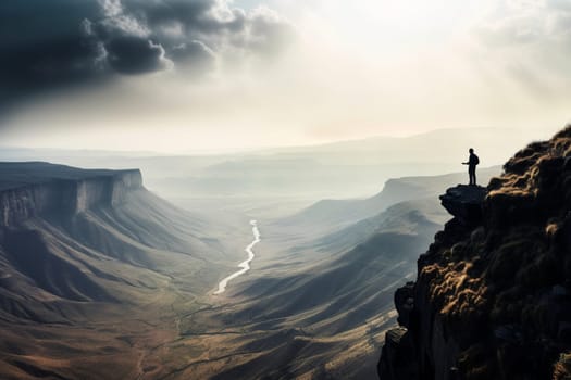 A person stands at the edge of a cliff, looking out over a vast valley below. The epic backdrop of mountains and valleys, and the high contrast lighting creates a dramatic and awe-inspiring scene. This scene can evoke feelings of power, inspiration, and a sense of being a small part of something much greater than oneself. (generative AI)
