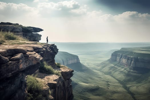 A person stands at the edge of a cliff, looking out over a vast valley below. The epic backdrop of mountains and valleys, and the high contrast lighting creates a dramatic and awe-inspiring scene. This scene can evoke feelings of power, inspiration, and a sense of being a small part of something much greater than oneself. (generative AI)
