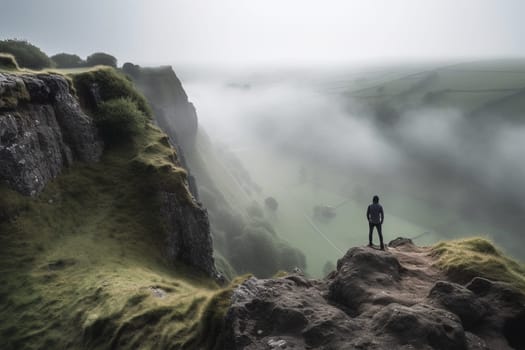 A lone figure stands at the edge of a cliff, peering out over a misty and mysterious valley below. The scene is dramatic and powerful, with the eerie mist adding to the intrigue and mystery of the landscape. This scene can evoke feelings of adventure, intrigue, and excitement for the unknown. (generative AI)