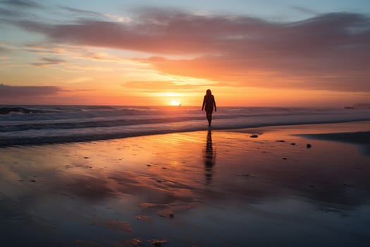 A person walks along the beach, their feet sinking into the soft sand as the warm, colorful light of sunrise fills the scene. The natural and joyful setting creates a relaxing atmosphere that feels dreamy and beautiful, transporting the viewer to a peaceful state of mind. (generative AI)