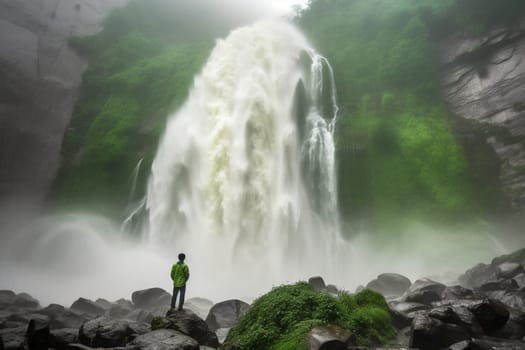 A person stands at the base of a powerful waterfall, feeling the strength and force of the cascading water. The scene is natural and awe-inspiring, with the deafening roar of the waterfall adding to the breathtaking atmosphere. This scene can evoke feelings of wonder, awe, and appreciation for the beauty and power of the natural world. (generative AI)