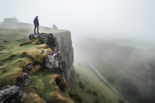 A lone figure stands at the edge of a cliff, peering out over a misty and mysterious valley below. The scene is dramatic and powerful, with the eerie mist adding to the intrigue and mystery of the landscape. This scene can evoke feelings of adventure, intrigue, and excitement for the unknown. (generative AI)