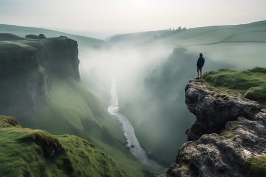 A lone figure stands at the edge of a cliff, peering out over a misty and mysterious valley below. The scene is dramatic and powerful, with the eerie mist adding to the intrigue and mystery of the landscape. This scene can evoke feelings of adventure, intrigue, and excitement for the unknown. (generative AI)