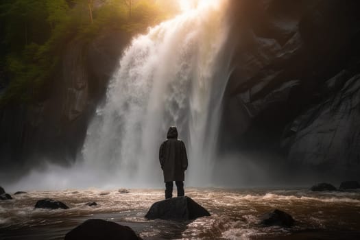 By the side of a powerful waterfall, a person stands, feeling the immense power of the rushing water against their skin. The scene is awe-inspiring and majestic, with the beauty of nature all around them. This setting can evoke feelings of reflection, inspiration, and the sheer power of the natural world. (generative AI)