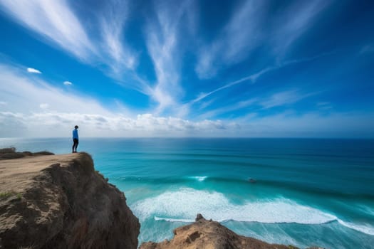 The person stands at the edge of the rocky cliff, staring out into the endless expanse of blue ocean and sky. The beauty and majesty of the natural world are on full display, with the vastness of the horizon dwarfing all else. This scene inspires a sense of awe and wonder, with a peaceful and reflective quality that is unmatched. (generative AI)