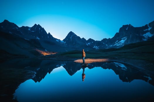 A lone figure stands in front of an awe-inspiring mountain range. The blue hour light creates a serene and peaceful atmosphere, allowing the viewer to reflect on the grandeur of nature. The panoramic view of the mountains and valleys evokes a sense of wonder and awe at the vastness of the landscape. This scene can evoke feelings of appreciation, reflection, and introspection. (generative AI)