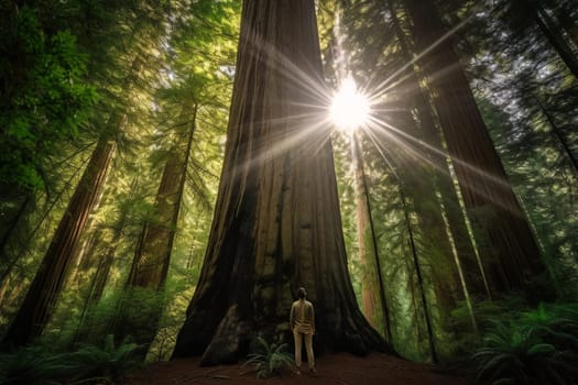 Standing in front of a giant redwood tree, a person gazes up at its immense height, feeling the awe-inspiring power of nature. The deep greens of the foliage and the vastness of the tree create a serene and dreamy atmosphere, perfect for reflective contemplation. This scene evokes feelings of power, inspiration, serenity, and contemplation. (generative AI)