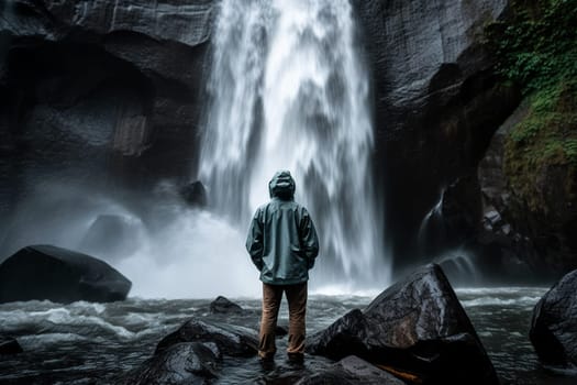 By the side of a powerful waterfall, a person stands, feeling the immense power of the rushing water against their skin. The scene is awe-inspiring and majestic, with the beauty of nature all around them. This setting can evoke feelings of reflection, inspiration, and the sheer power of the natural world. (generative AI)