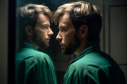 A person stands in front of a mirror, staring deep into their own eyes. The scene is introspective and emotional, with the focus entirely on the person's inner thoughts and feelings. This scene can evoke feelings of self-awareness, contemplation, and raw emotion. (generative AI)