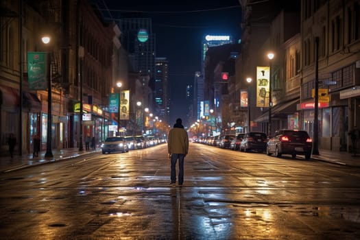 A person stands in the middle of a bustling city street at night, surrounded by the vibrant energy of the city. The shifting lights and sounds create a sensory overload that is both exhilarating and overwhelming. This scene can evoke feelings of loneliness, excitement, and a sense of being alive in the midst of the chaotic world. (generative AI)