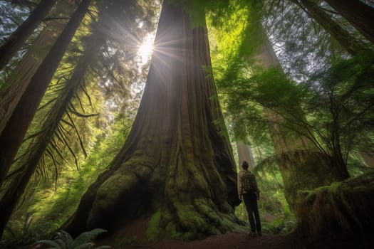 Standing in front of a giant redwood tree, a person gazes up at its immense height, feeling the awe-inspiring power of nature. The deep greens of the foliage and the vastness of the tree create a serene and dreamy atmosphere, perfect for reflective contemplation. This scene evokes feelings of power, inspiration, serenity, and contemplation. (generative AI)