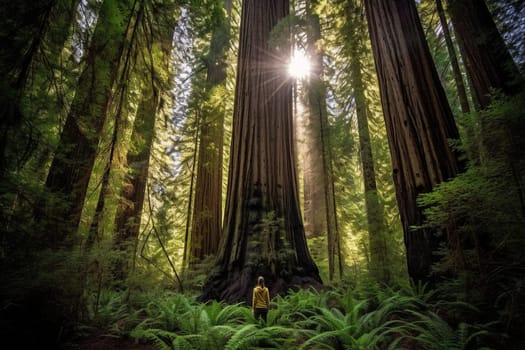 Standing in front of a giant redwood tree, a person gazes up at its immense height, feeling the awe-inspiring power of nature. The deep greens of the foliage and the vastness of the tree create a serene and dreamy atmosphere, perfect for reflective contemplation. This scene evokes feelings of power, inspiration, serenity, and contemplation. (generative AI)