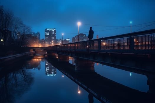 A person stands on a bridge at night, watching the city lights reflect on the water. The moody and atmospheric surroundings create a reflective and contemplative atmosphere, perfect for introspection. The blue hour light adds to the mysterious quality of the scene, evoking feelings of wonder and curiosity. This photo can evoke feelings of mystery, introspection, and contemplation. (generative AI)