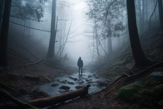 Lost in the middle of a dense and foggy forest, a person stands, feeling the mist all around them. The scene is mysterious and moody, with the sound of rustling leaves and branches all around them. This setting can evoke feelings of introspection, reflection, and the eerie beauty of the natural world. (generative AI)
