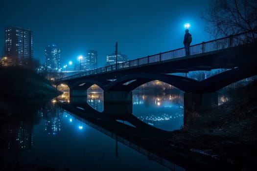 A person stands on a bridge at night, watching the city lights reflect on the water. The moody and atmospheric surroundings create a reflective and contemplative atmosphere, perfect for introspection. The blue hour light adds to the mysterious quality of the scene, evoking feelings of wonder and curiosity. This photo can evoke feelings of mystery, introspection, and contemplation. (generative AI)