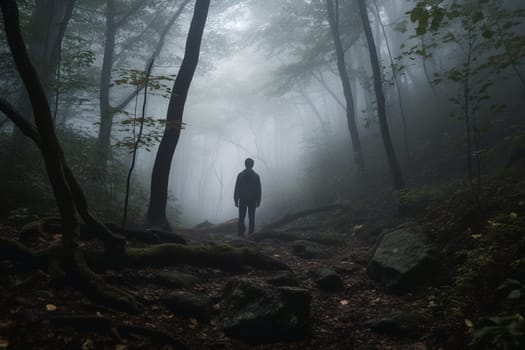 Lost in the middle of a dense and foggy forest, a person stands, feeling the mist all around them. The scene is mysterious and moody, with the sound of rustling leaves and branches all around them. This setting can evoke feelings of introspection, reflection, and the eerie beauty of the natural world. (generative AI)