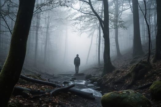 Lost in the middle of a dense and foggy forest, a person stands, feeling the mist all around them. The scene is mysterious and moody, with the sound of rustling leaves and branches all around them. This setting can evoke feelings of introspection, reflection, and the eerie beauty of the natural world. (generative AI)