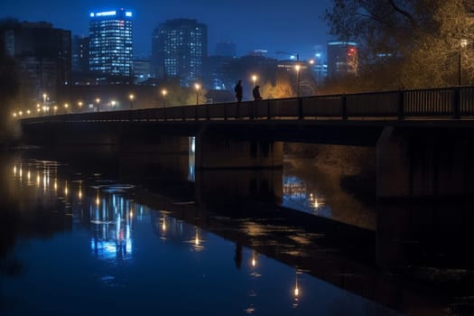 A person stands on a bridge at night, watching the city lights reflect on the water. The moody and atmospheric surroundings create a reflective and contemplative atmosphere, perfect for introspection. The blue hour light adds to the mysterious quality of the scene, evoking feelings of wonder and curiosity. This photo can evoke feelings of mystery, introspection, and contemplation. (generative AI)