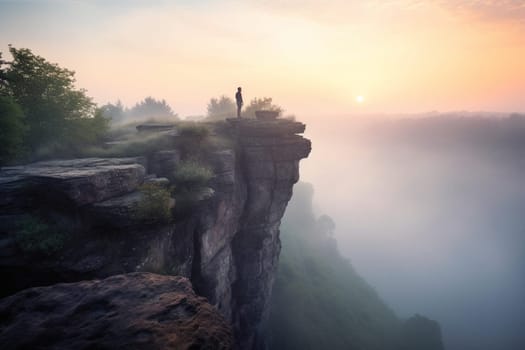 A person stands on a cliff at dawn, gazing out at the calm and peaceful landscape. The pastel colors of the sky and the misty atmosphere add to the majestic scenery, evoking feelings of wonder and tranquility. (generative AI)