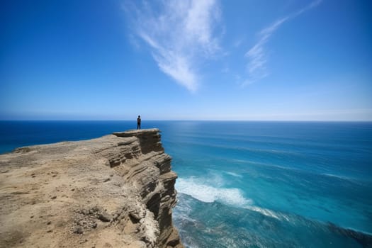 The person stands at the edge of the rocky cliff, staring out into the endless expanse of blue ocean and sky. The beauty and majesty of the natural world are on full display, with the vastness of the horizon dwarfing all else. This scene inspires a sense of awe and wonder, with a peaceful and reflective quality that is unmatched. (generative AI)