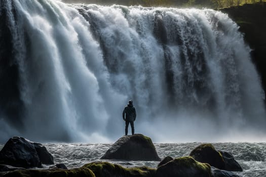 By the side of a powerful waterfall, a person stands, feeling the immense power of the rushing water against their skin. The scene is awe-inspiring and majestic, with the beauty of nature all around them. This setting can evoke feelings of reflection, inspiration, and the sheer power of the natural world. (generative AI)