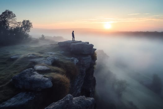 A person stands on a cliff at dawn, gazing out at the calm and peaceful landscape. The pastel colors of the sky and the misty atmosphere add to the majestic scenery, evoking feelings of wonder and tranquility. (generative AI)