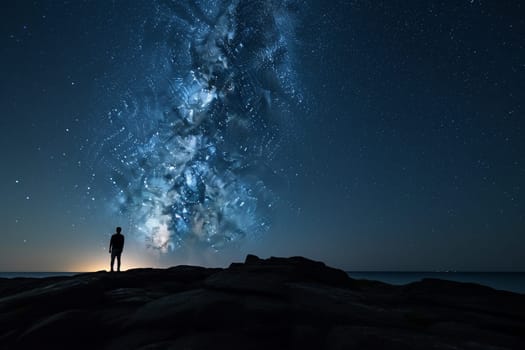 The person stands on the rocky cliff edge, staring out into the endless night sky lit up by a myriad of stars. The peace and quiet of the natural world provide a deeply introspective quality to the scene, with the vastness of the sky and horizon highlighting the feeling of solitude. This scene embodies the contemplative and introspective spirit that comes with being alone in the midst of nature, lost in the wonder of the universe above. (generative AI)