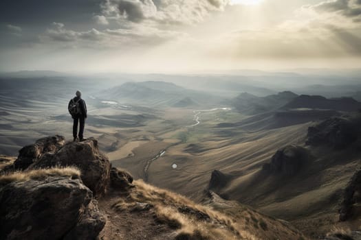 A person stands at the edge of a cliff, looking out over a vast valley below. The epic backdrop of mountains and valleys, and the high contrast lighting creates a dramatic and awe-inspiring scene. This scene can evoke feelings of power, inspiration, and a sense of being a small part of something much greater than oneself. (generative AI)