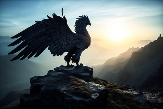 The griffin is a mythical creature known for its strength and protection. In this scene, the griffin is perched on top of a mountain peak at dawn, with its wings spread wide, creating a powerful and striking image that is both dramatic and misty. (generative AI)