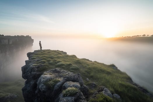 A person stands on a cliff at dawn, gazing out at the calm and peaceful landscape. The pastel colors of the sky and the misty atmosphere add to the majestic scenery, evoking feelings of wonder and tranquility. (generative AI)