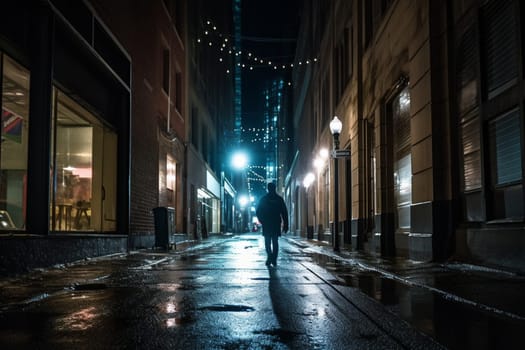 In the middle of a bustling city street at night, a person walks alone, looking up at the bright and colorful lights all around them. The scene is dramatic and energetic, with the sound of cars passing by and people rushing about. This setting can evoke feelings of excitement, reflection, and the energy of city life. (generative AI)